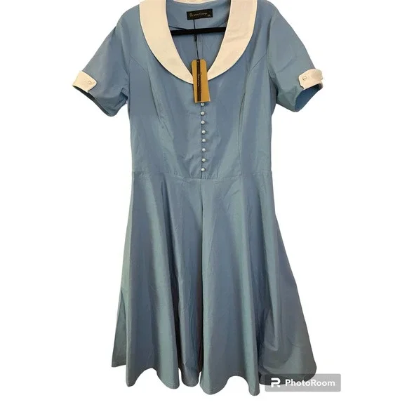 New GownTown Womens 1950s Cape Collar Vintage Swing Stretchy Blue White Dress 2X - Picture 4 of 12
